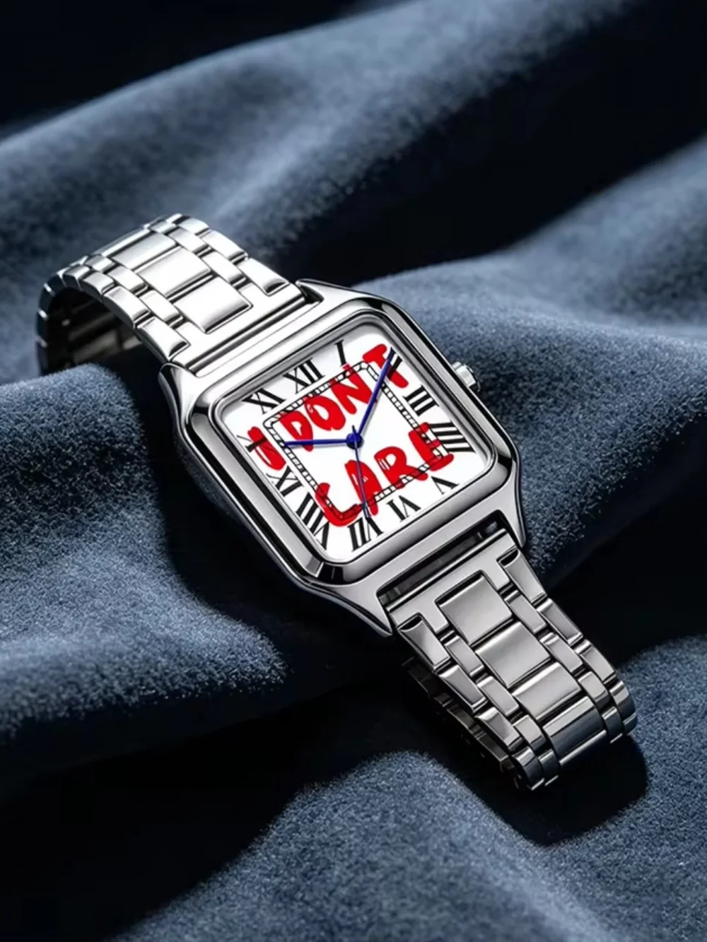 Men’s Silver Stainless Steel Bracelet Watch with White Dial and Red Accent